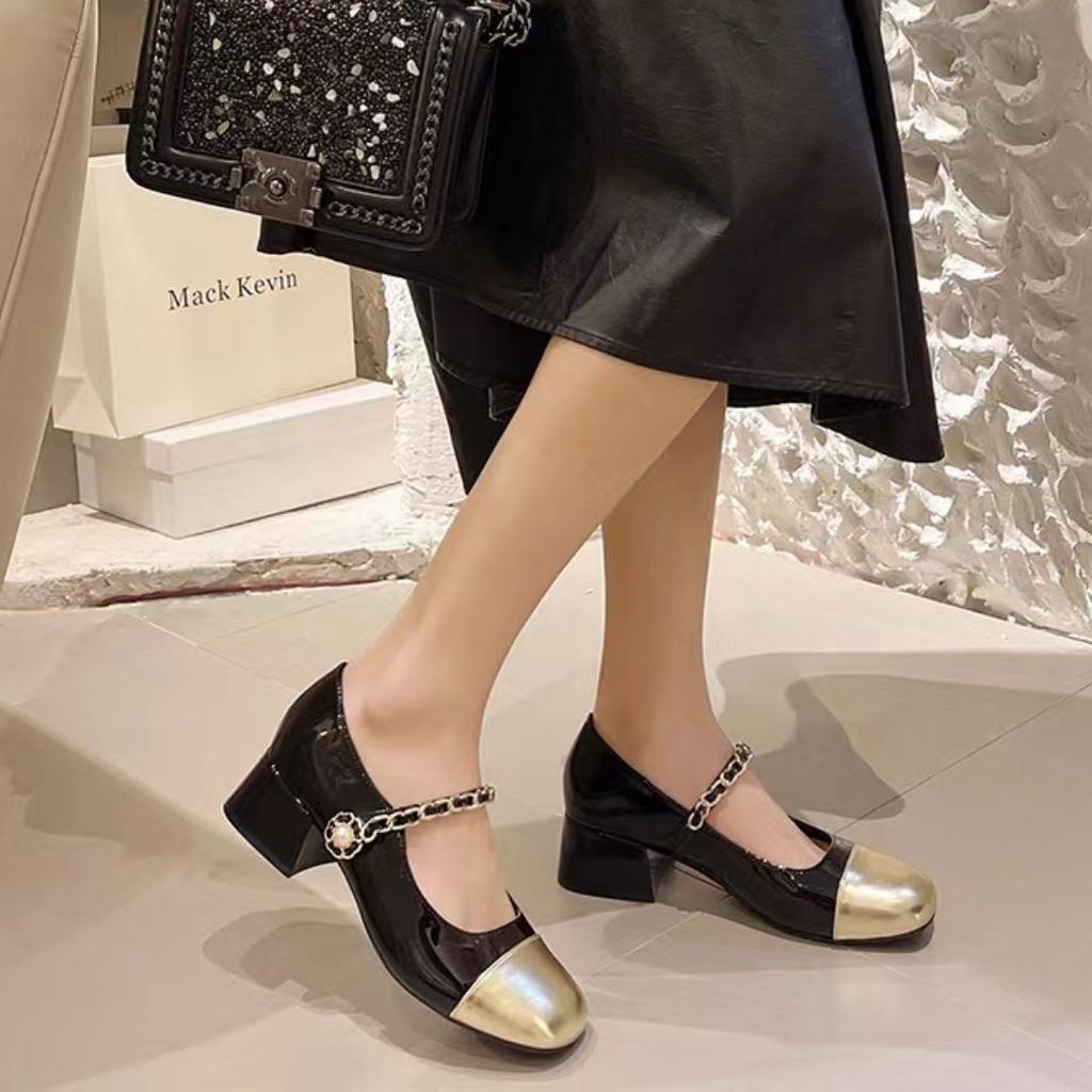 Temperament medium heel shoes Mary Jane women's shoes autumn new French pearl thick heel small leather shoes color matching single shoes