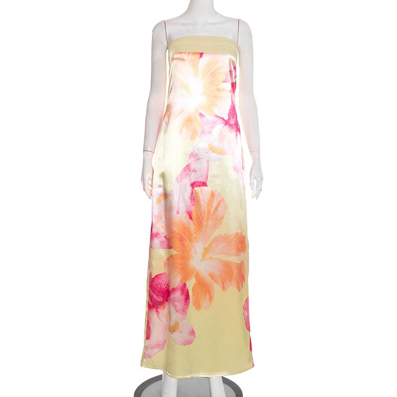 Women s Strapless Floral Print Long Dress - Spring/Summer Fashion, Resort Casual Style M