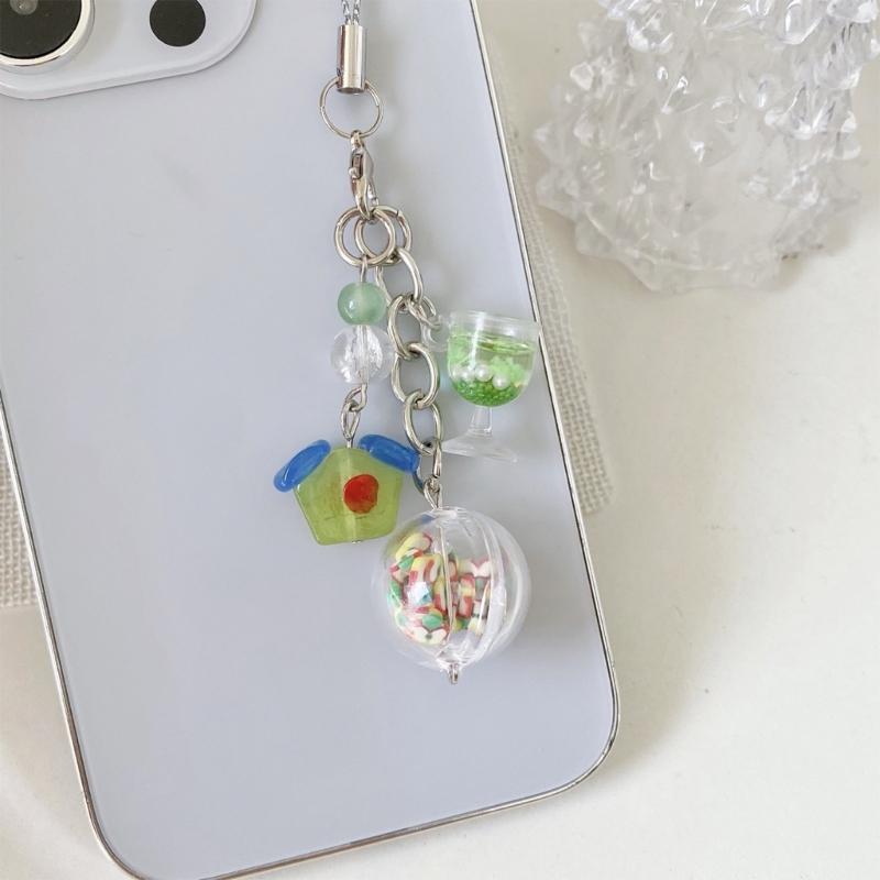 Adorable Ice Cream Design Crystal Phone Lanyard Green Pendant Keychain Gift Unisex Ice Cream Cup Keychain for Her