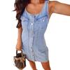 European & American Fashion Sleeveless Denim Dress with U-Neck and Button-Front Design