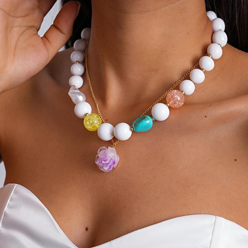 2Pcs/Set Bohemian Colorful Handmade Acrylic Beaded Choker Necklace Clavicle Chain For Women Summer Jewelry Gift