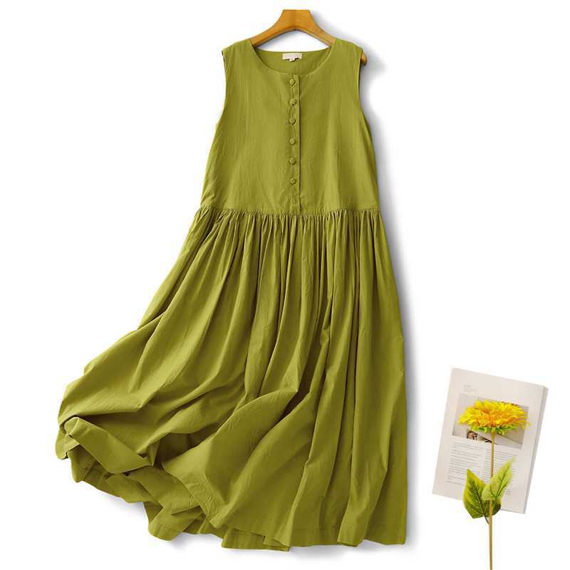 

Летнее новое хлопковое и льняное платье в натуральном стиле, большая юбка, без рукавов, французское платье 2XL зелёный