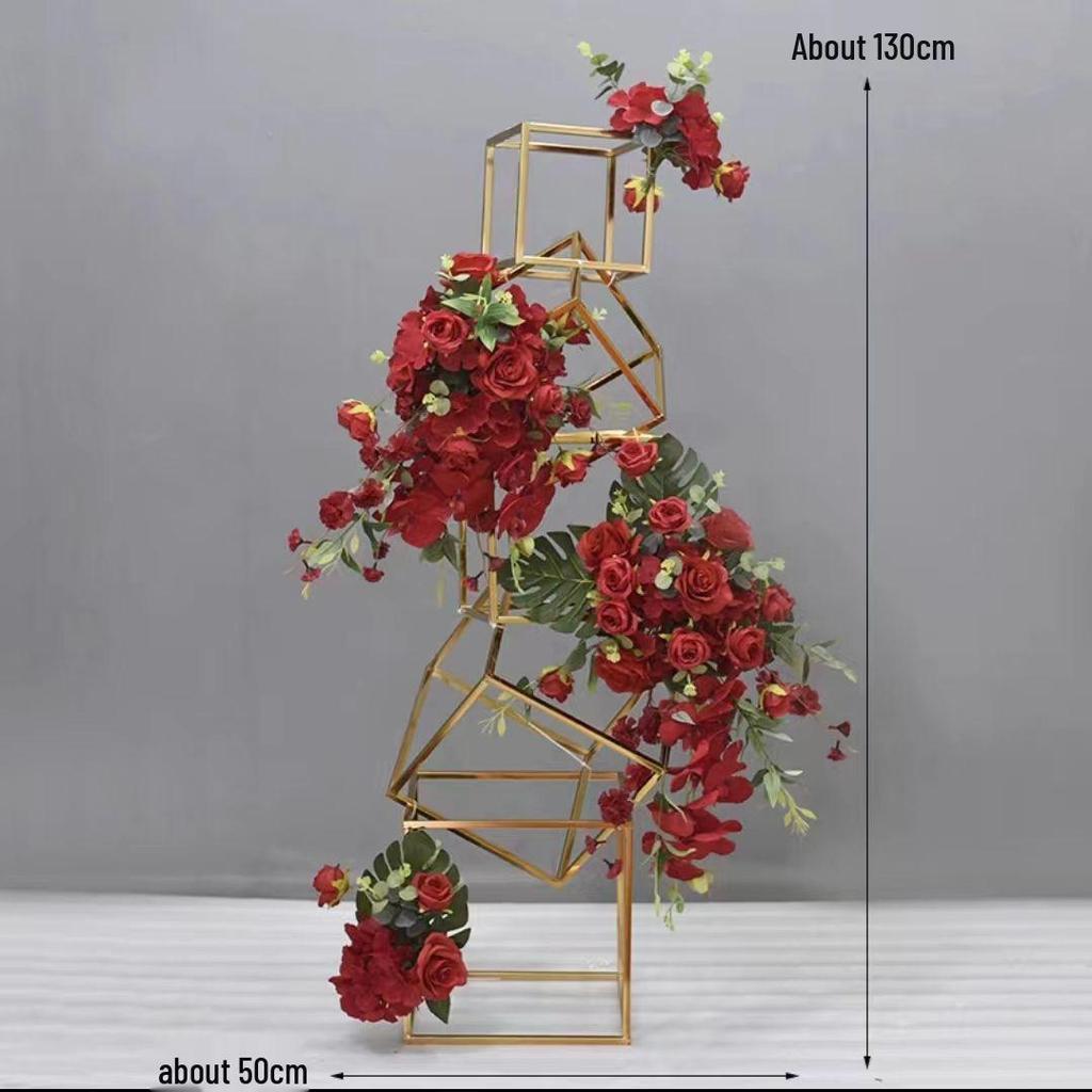 Geometric Gold Flower Wedding Aisle Runner & Artificial Flowers Display