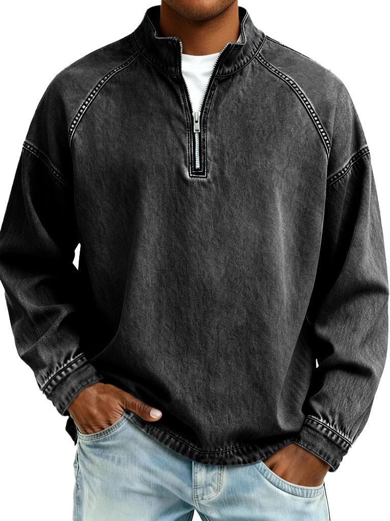 2025 Autumn/Winter Men's Long Sleeve Half-Zip Distressed Denim Hoodie