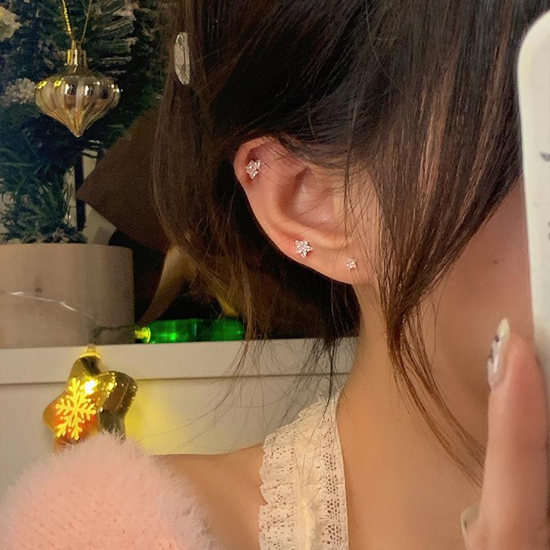 S925 Silver plated earrings MINI piercing Cochlear stud Sweet cool flash star Stud earrings Compact stacked five-pointed star zircon stud earrings