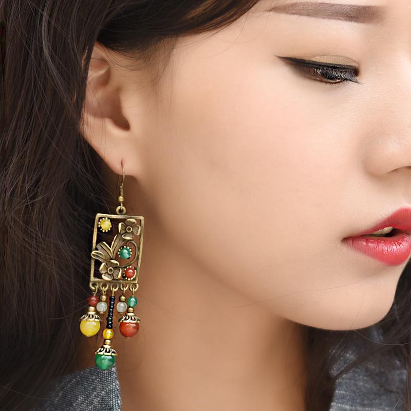 Female Color Block Long Earrings Colored Stonecut Copper Flowers Drop Green and Yellow Beads Retro.
