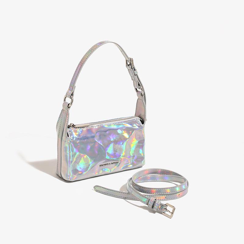 Small Square Bag Pleated Laser Leather Trendy Armpit Bag New Style Bag Niche High-end Single Shoulder Crossbody Bag