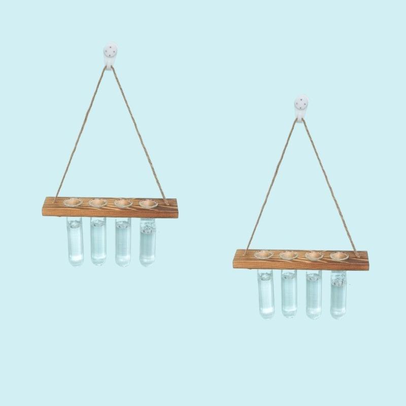 Wall Hanging Propagation Station with Wooden Stand Glass Test Tubes Garden Decor for Floral Arrangements Home Office Decor