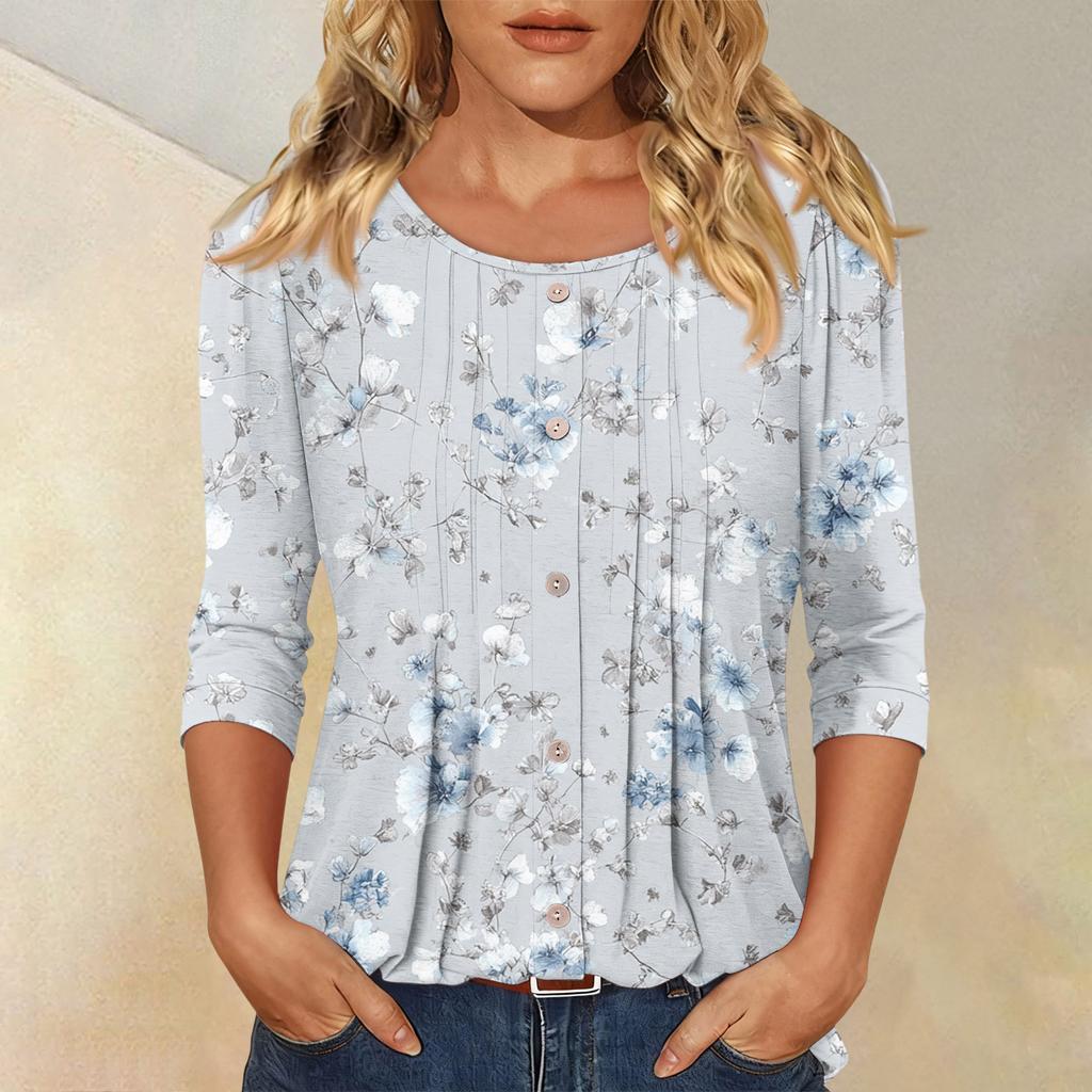 Damen Modisches Lässiges Dreiviertelarm Knopfleisten Oberteil mit Blumenmuster und Rundhalsausschnitt