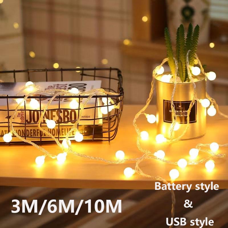 USB Plug-in & Battery-Powered Dual-Use LED String Lights White Ball Style Fairy Lights Christmas Wedding & Party Holiday Decorations 3M/6M/10M