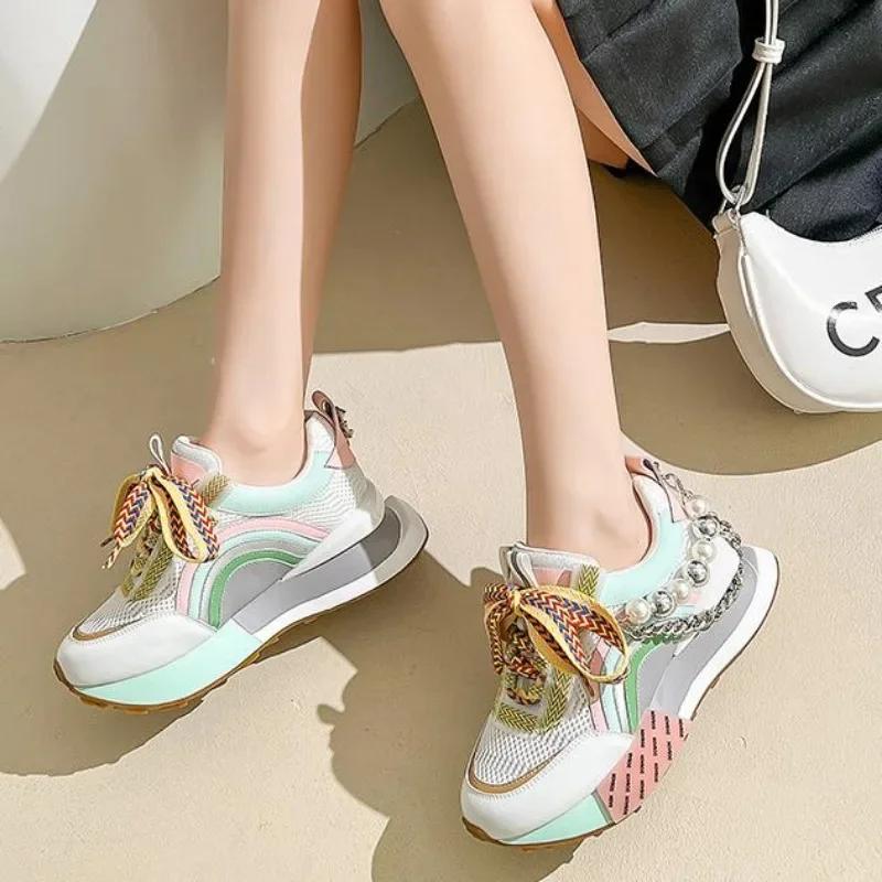 New Lace Up Iridescent Pearl Chain Decorative Women's Vulcanized Shoes Women's Platform Sneakers Zapatos De Mujer Women Shoes