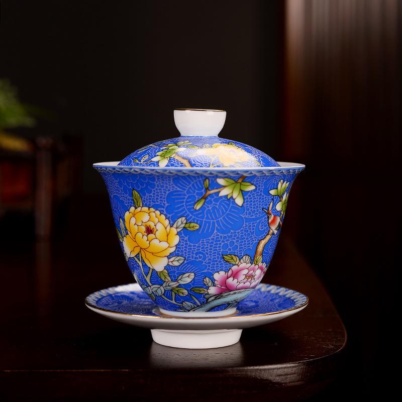 Court Style Cloisonné Enamel Sancai Gaiwan Ceramic Kung Fu Tea Set with Handmade Filigree Pahua Brewing Bowl