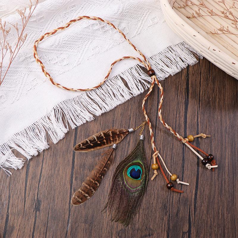Retro Boho Peacock Feather Braided Rope Headband Hairband Women Headgear Feather Headdress Indian Headwear Hair Accessories Gift