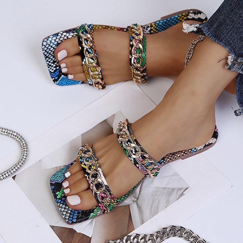 Sommerschuhe Schlangenmuster Kunstleder Damen Flache Sandalen Sexy Damenschuhe Römische Strandsandalen Große Größe Flip-Flops