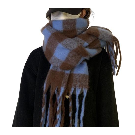 Women Scarf Plaid Pattern Cashmere Feel Plush Scarf with Tassel Decoration Travel Sweater Coat Accessory