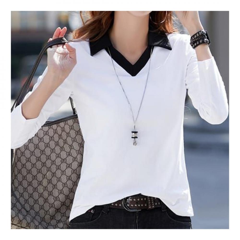 Navava Women Casual Color Block Collar Long Sleeve T shirT nT1496
