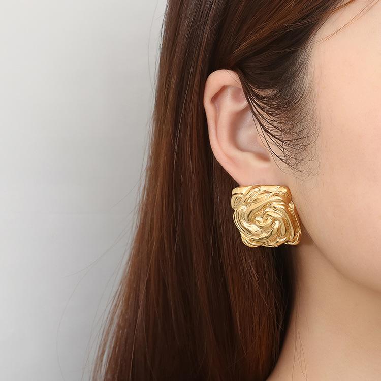 Premium Personalized Earrings Plated with 18k Gold Stainless Steel Square Texture Stud Earrings Temperament Earrings