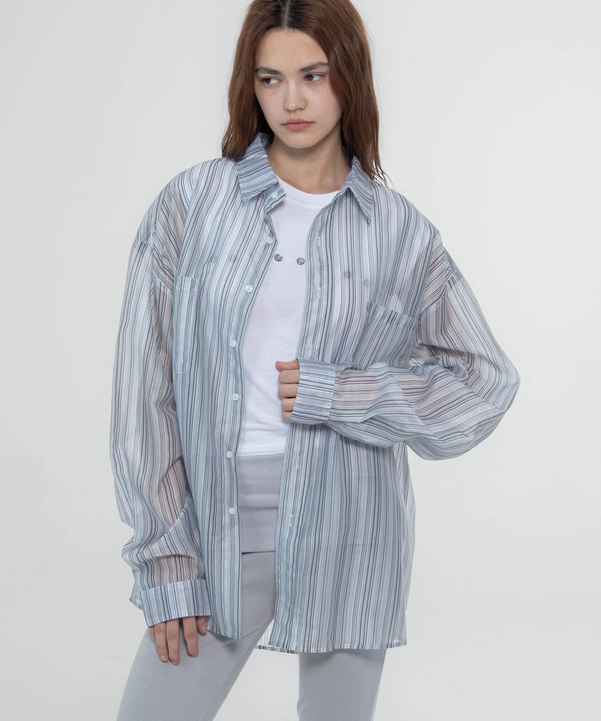 CHICKS Oversized Striped See-Through Shirt Blue