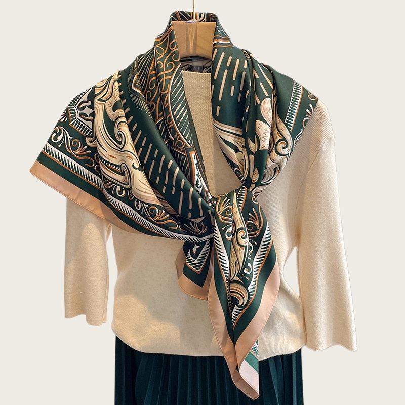 Temperament navy blue beige twill smooth silk scarf square scarf 91cm versatile square scarf shawl spring and autumn new scarf