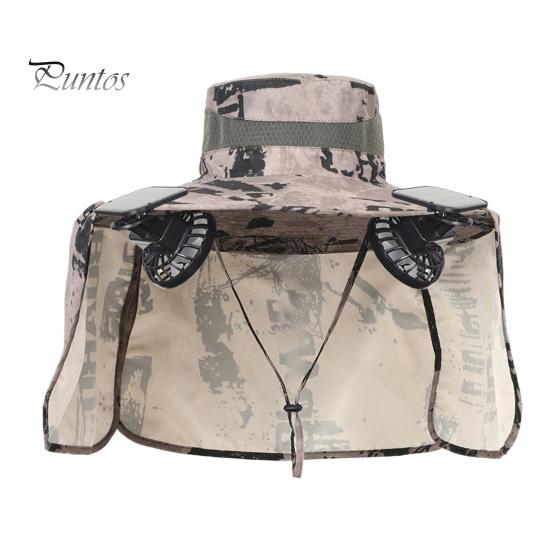 Solar Fan Hat with Neck Flap UPF 50+ UV Protection Hat with 2 Solar Fans Breathable Men Summer Outdoor Activities Fishing Wide Brim Bucket Cap