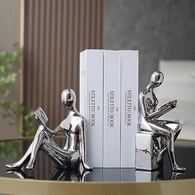Modern Abstract Reading Bookends: Luxury Gold/Silver Human Statue. Nordic Resin Art for Home & Office Decor/Gift