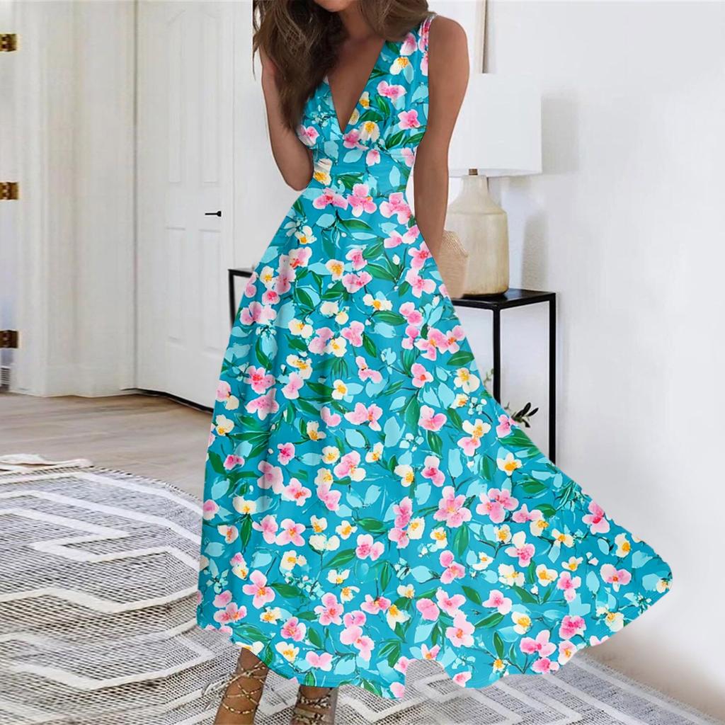 Women's Summer Fashion Retro Print V-Neck Sleeveless Long Dress