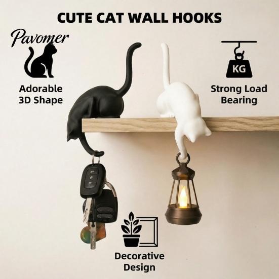 Modern Entryway Decor Cat Hook with Lantern, 3D Printed LED Light Decorative Handmade Craft Wall Hook, Creative Shelf for Bookshelf Desk And