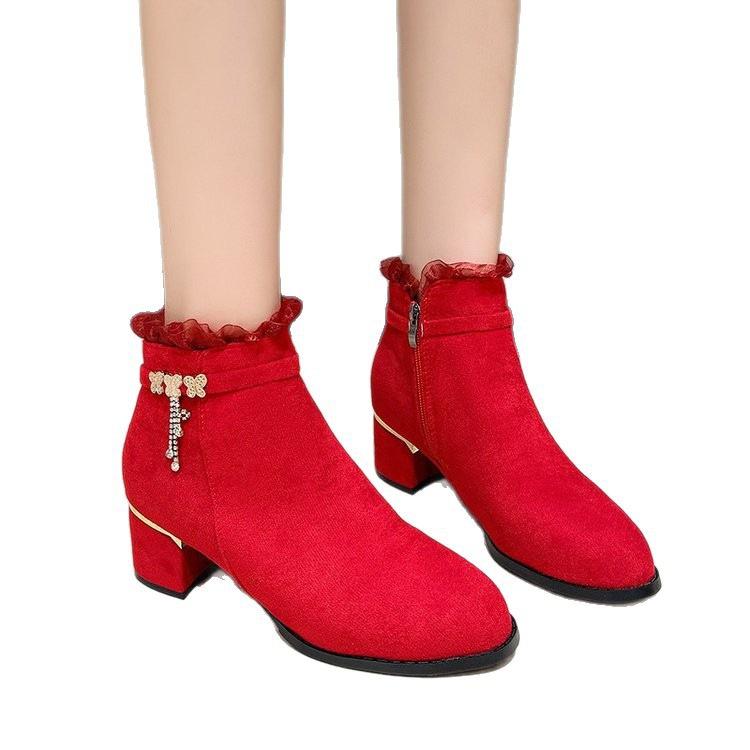 Wear-resistant High-heeled Cotton Boots for Women, Matte Thick-heeled Martin Boots for Women, New Velvet Warm and Non-slip Soft Leather Short Boots F