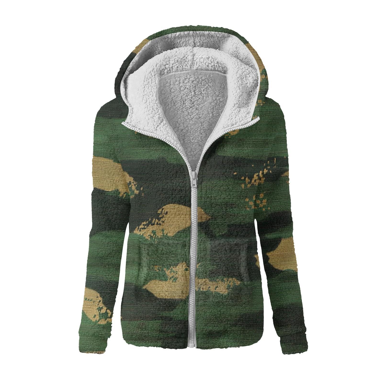 

Женская зимняя камуфляжная повседневная модная плюшевая куртка-свитер на молнии с капюшоном XL армия зеленый