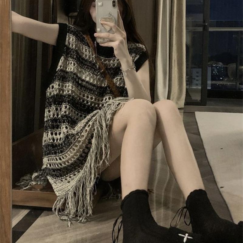 Medium To Long Tassel Top for Women with A Niche Retro Design Hollowed Out Sleeveless Vest Summer Contrasting Stripes