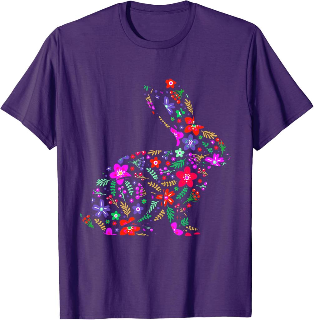 Floral Easter Bunny Rabbit Silhouette Spring Flowers Graphic T-Shirt Men Casual Trip