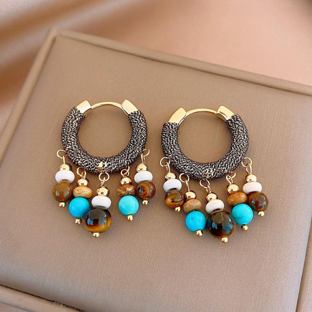 Ethnic style retro stone beaded tiger's eye stone fringed earrings ear buckles personalized earrings women