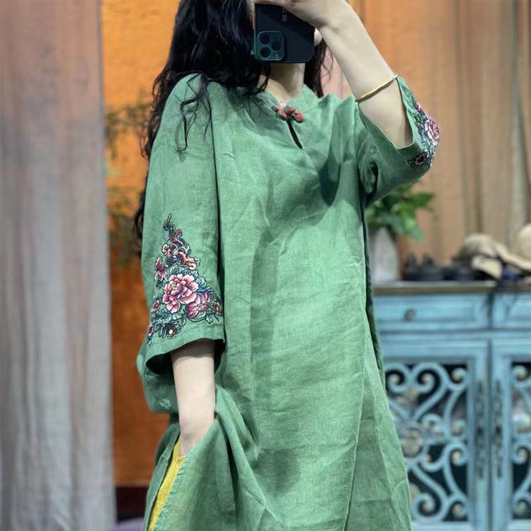 Plus Size Embroidered Cotton Linen Dress with 3/4 Sleeves - Retro Style for Spring and Autumn