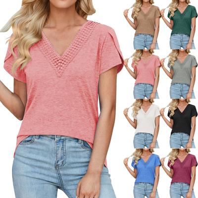 Women's Fashion Splicing V-neck Petal Sleeve Solid Color Casual T-shirt Short Sleeve Top
