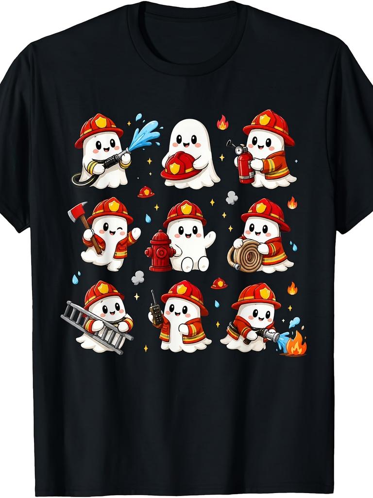Men' Retro Firefighter T-Shirt - Cute Fire Rescue Crew with Fireman Helmet & Graphics, Casual Round Neck Tee Suitable for Halloween Costumes, Fire Eve