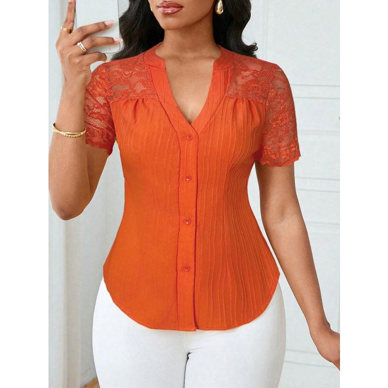 YYFS Damenmode, lässig, Sommer, Frühling, einfarbig, bedruckt, kurzärmelig, V-Ausschnitt, Blusen und Hemden