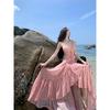 . New pink floral trailing dress long dress holiday style backless suspender seaside swing skirt