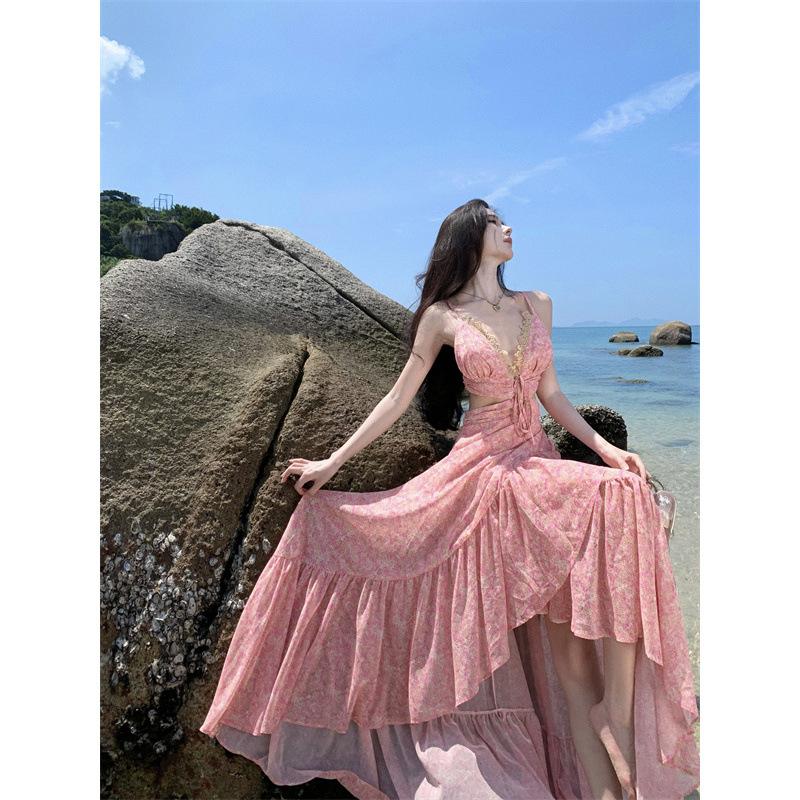 . New pink floral trailing dress long dress holiday style backless suspender seaside swing skirt