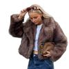 Damski Krótki Płaszcz ze Sztucznego Futra Zimowy Streetwear Stylowa Kurtka Bez Kaptura z Klapami Brązowy Czarny z Końcówkami
