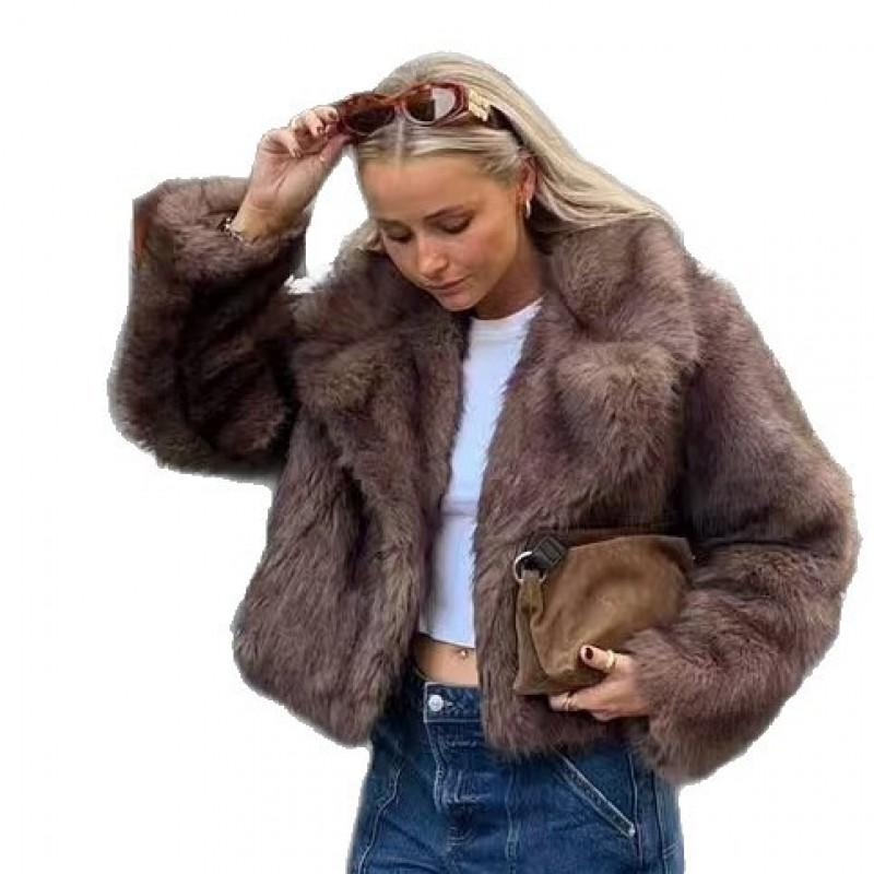 Damski Krótki Płaszcz ze Sztucznego Futra Zimowy Streetwear Stylowa Kurtka Bez Kaptura z Klapami Brązowy Czarny z Końcówkami