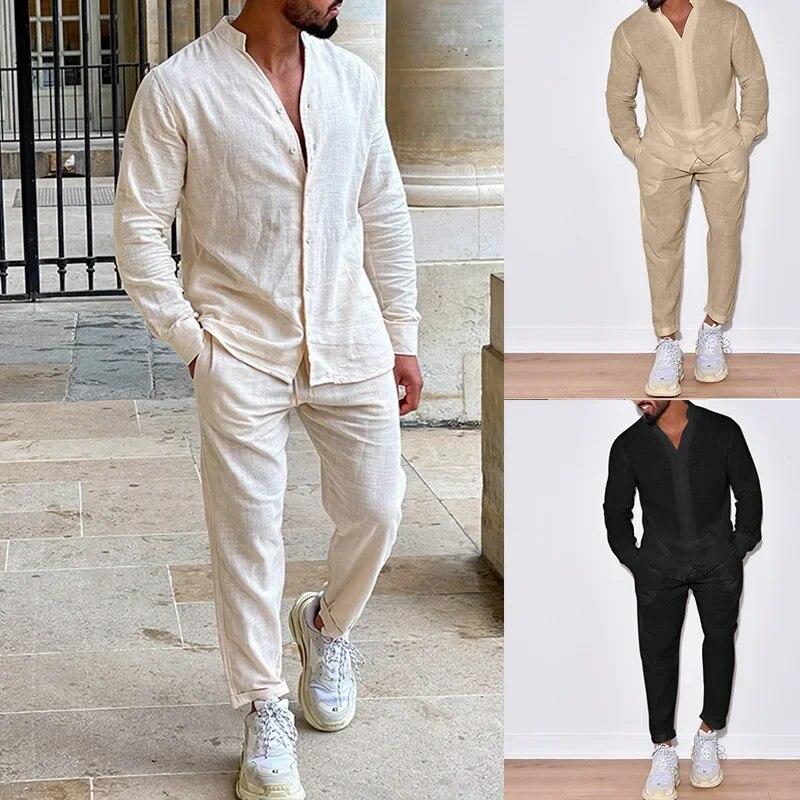 Mens Sets Linen Spring Autumn Leisure Suit Long Sleeve Shirts and Trousers Two Piece Sets Fashion Men Clothing