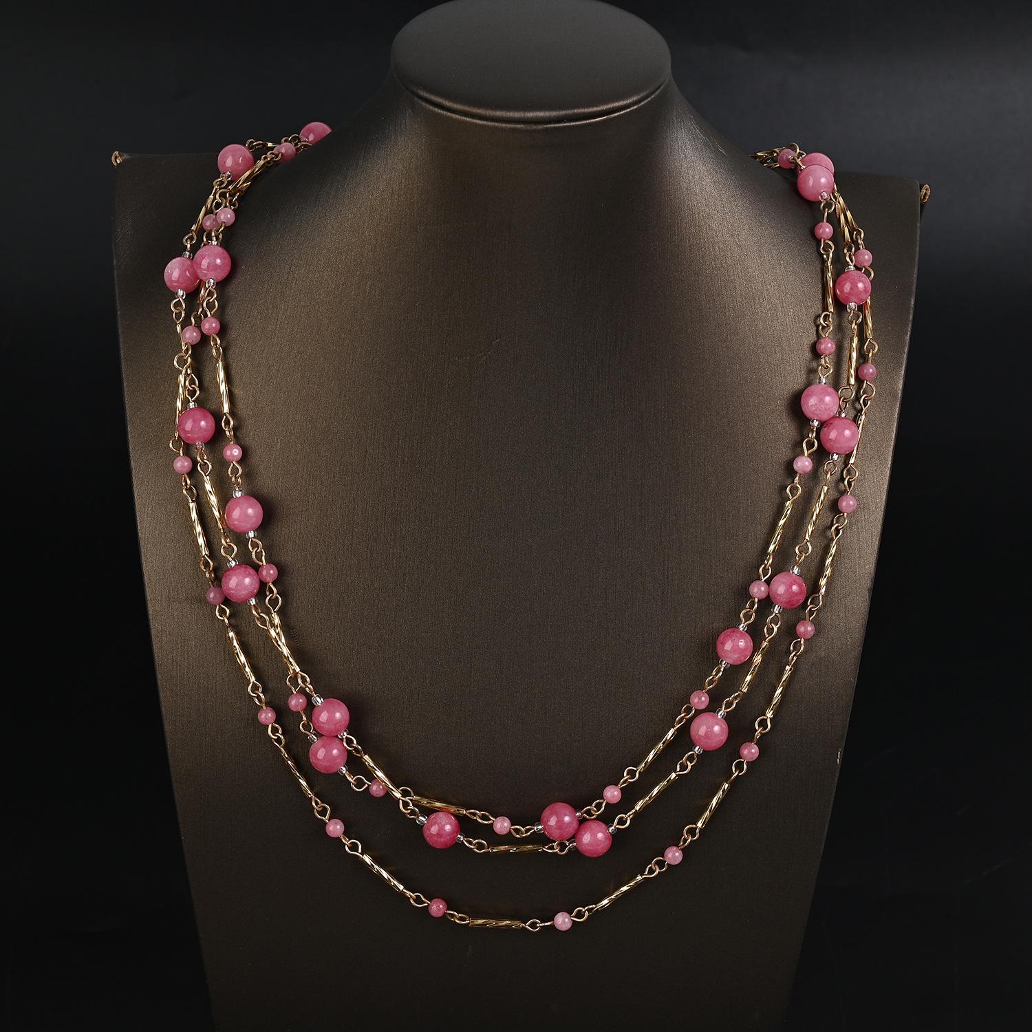 

Ретро Розовый Натуральный Камень Многослойное Ожерелье и Набор Текстурированных Серёг