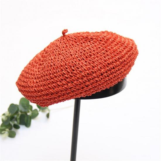 Lady Handmade Straw Crochet Beret Hats Cap Weave Hollow Breathable Vintage Style