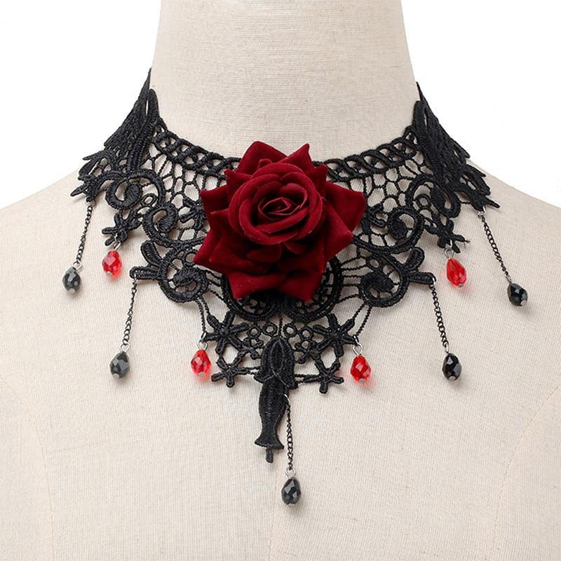 Gothic-Halsketten, schwarze Perlenblumen, sexy Spitzenhals-Halskette, Vintage-Quastenkette, Damen-Steampunk-Halloween-Schmuck