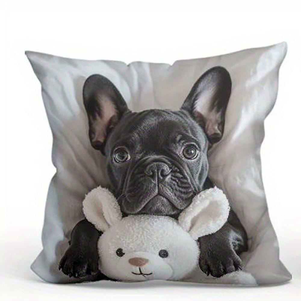 Französische Bulldogge Gemustert Beidseitig Bedruckt Kissenbezug Kurzer Plüsch Geeignet für Wohnzimmer Schlafzimmer Sofas Wurfkissenbezug