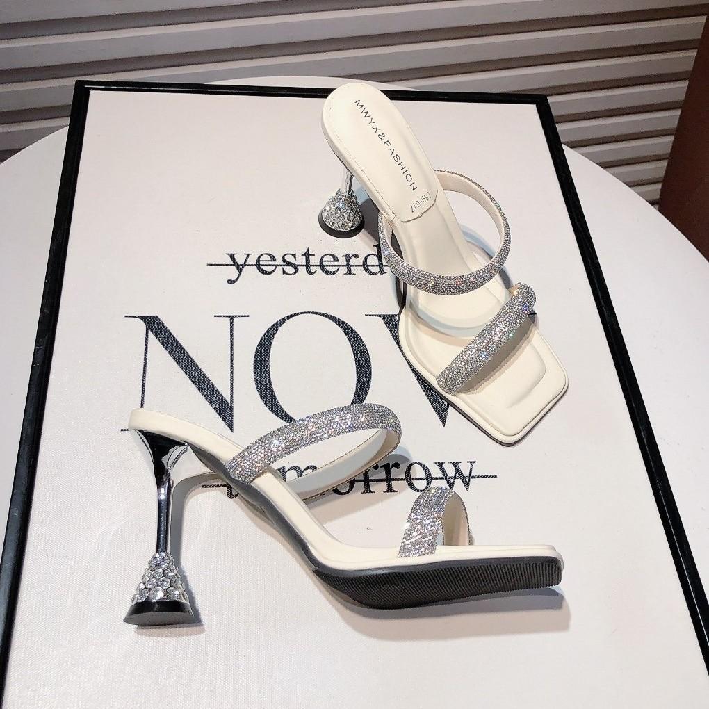 Backspace Thin Heel Temperament Socialite 2025 Summer New Square Head High Heels Rhinestone Word with Cool Slippers Women