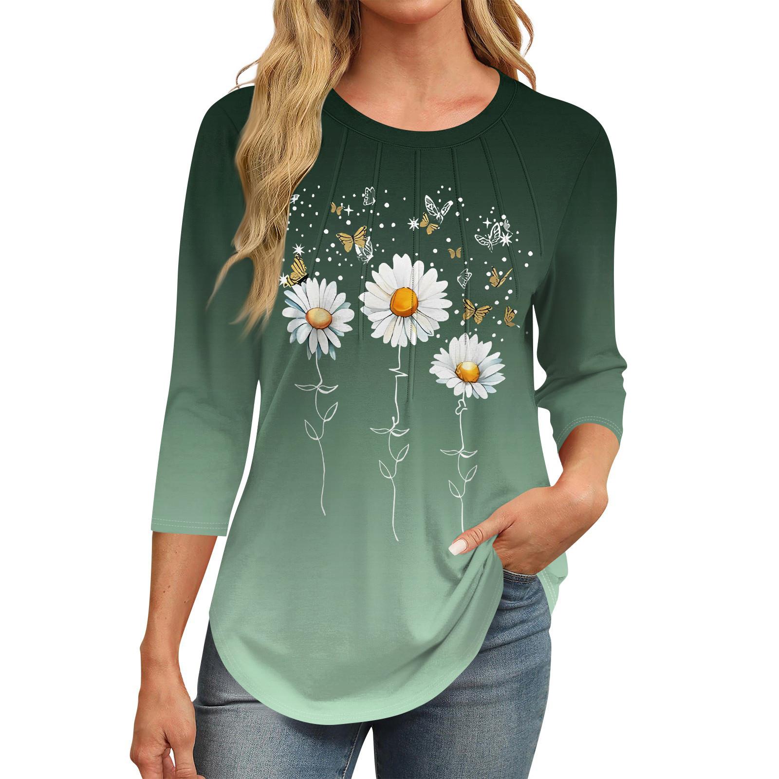 

Женский повседневный топ с круглым вырезом и принтом подсолнечника, плиссированный L армия зеленый