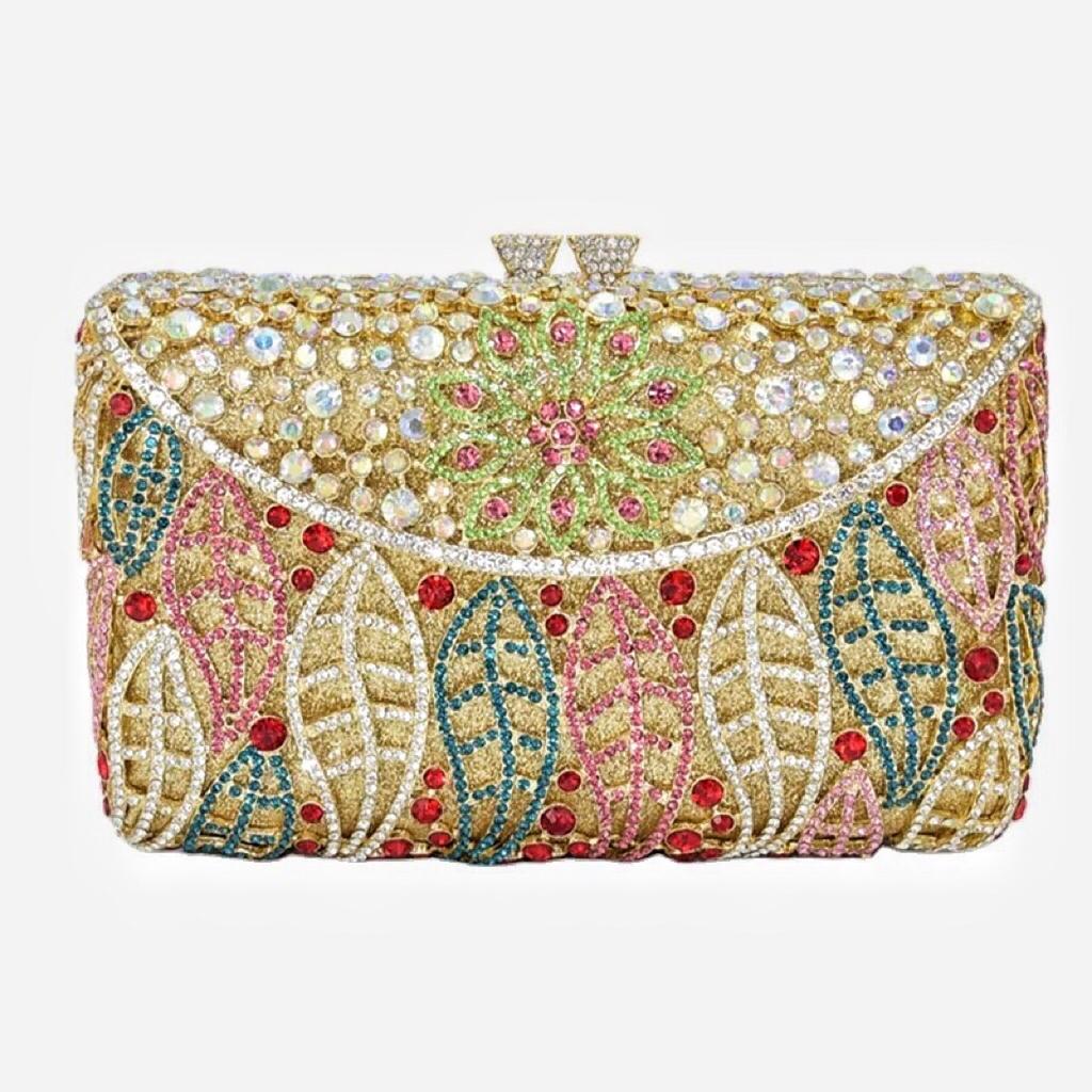Rhinestone Evening Bag Gold/Silver/Champagne Wedding Bridal Clutch Leaves Women Dinner Prom Clutches Purses Lady Crystal Purses