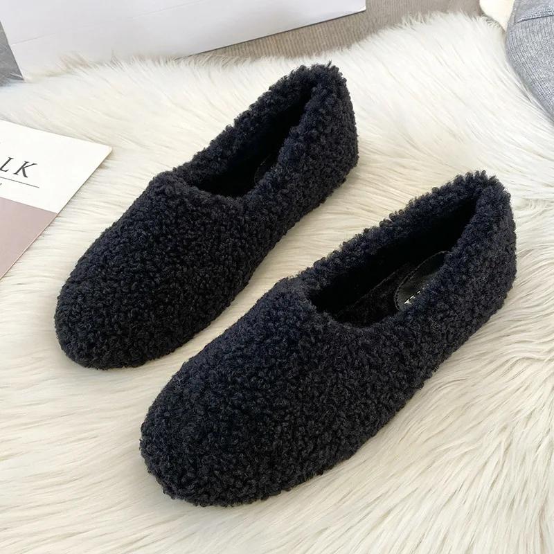 Luxury Lambwool Moccasins Femme Winter Cotton Shoe Women Warm Plush Loafers Comfy Curly Sheep Fur Flats Woman Large Size 40-43