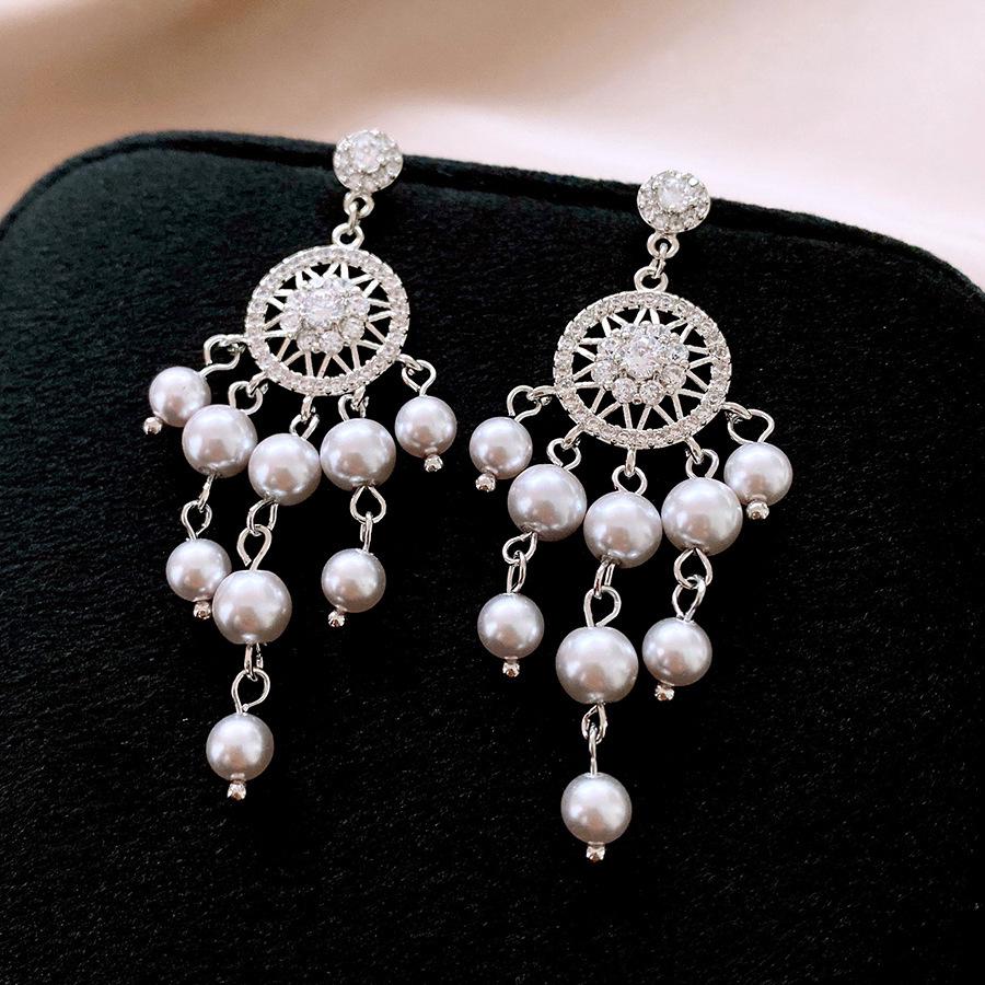 Silver Needle Zircon Pearl Tassel Earrings - Elegant Retro Design for Women